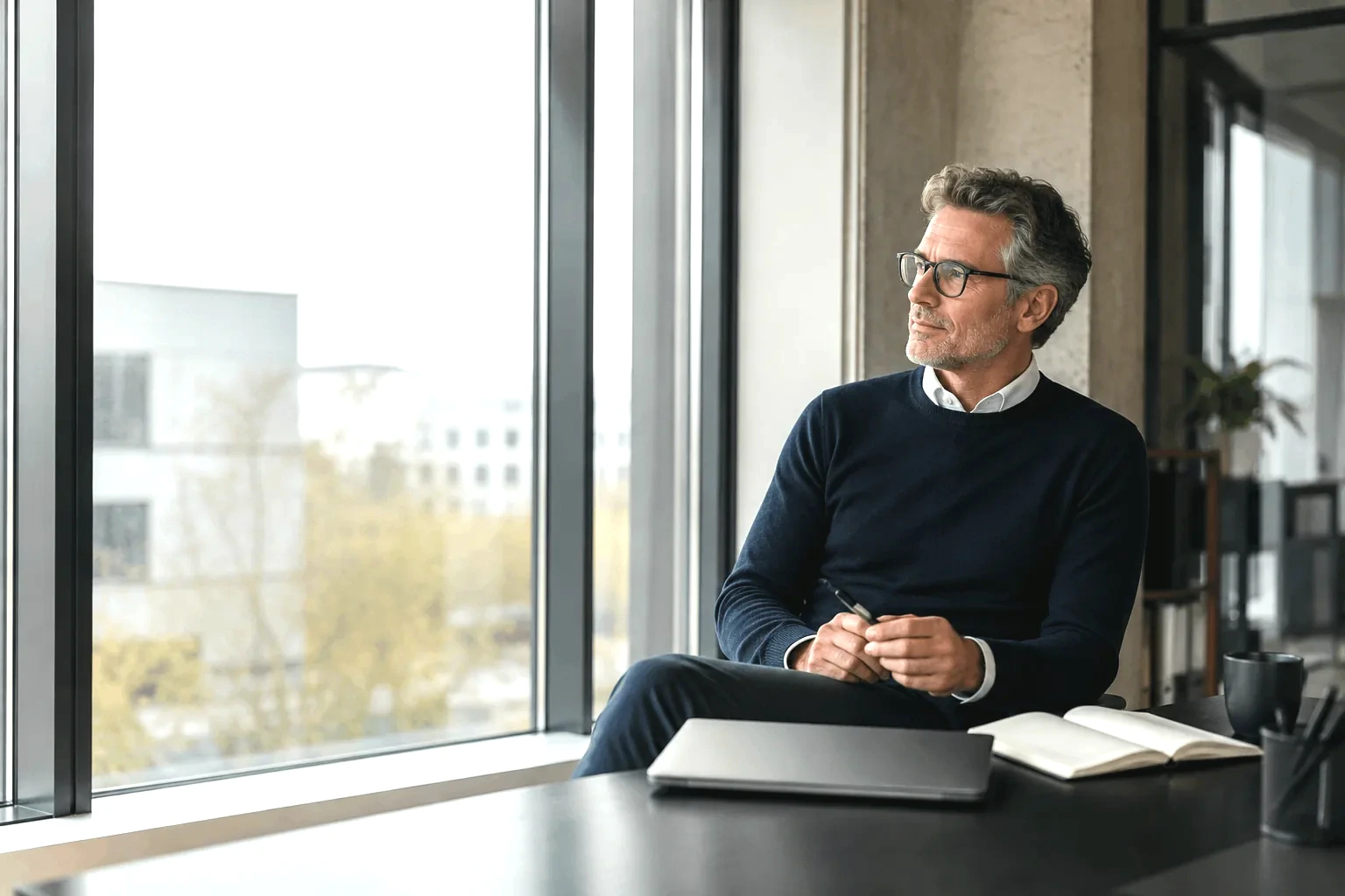 KI-generiertes Bild: Eine Person blickt zuversichtlich auf ihren nächsten beruflichen Schritt.